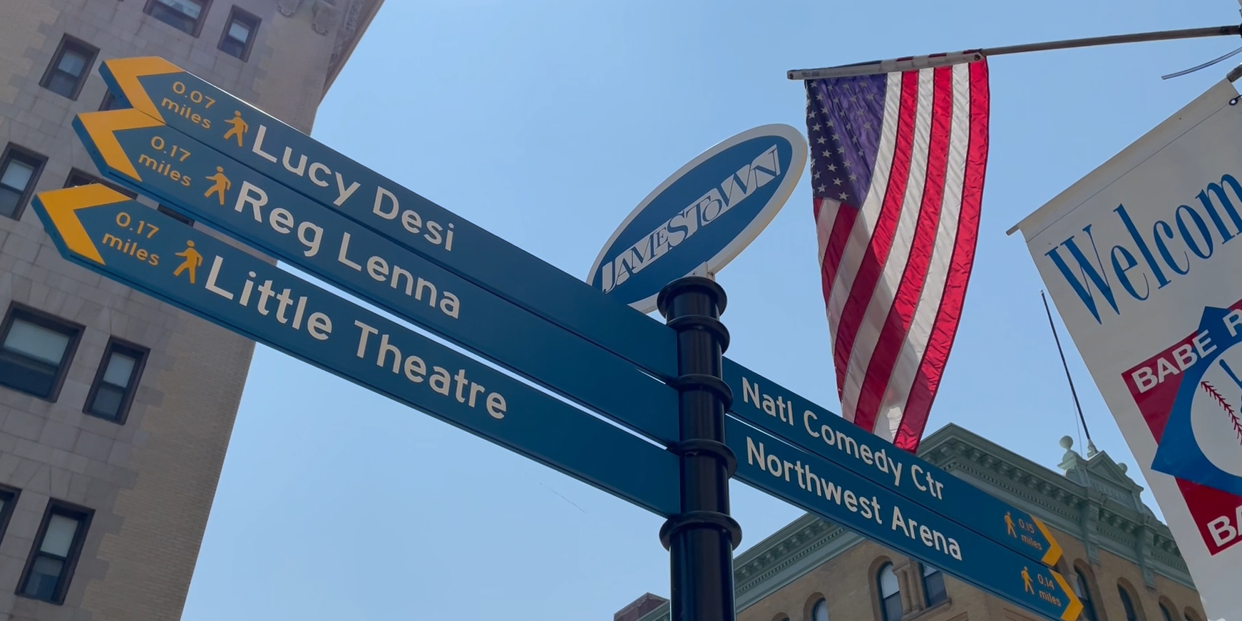 Wayfinding sign in downtown Jamestown pointing to local attractions, with an American flag in the background.